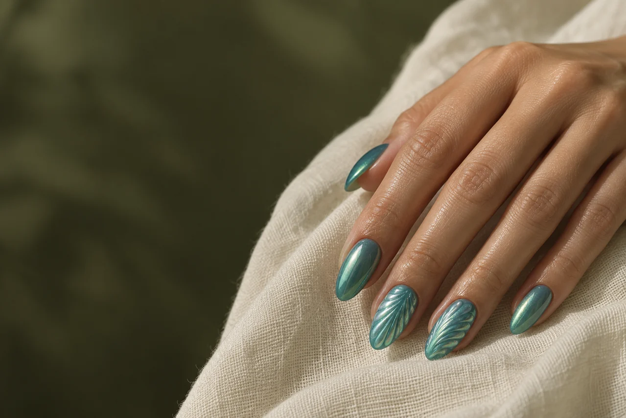 Generated concept of turquoise shell-effect almond nails on ivory linen